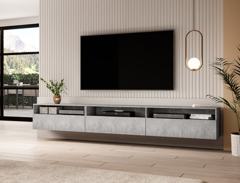 Tv-meubel – Ebony – Lichtgrijs (Betonlook) – 270cm