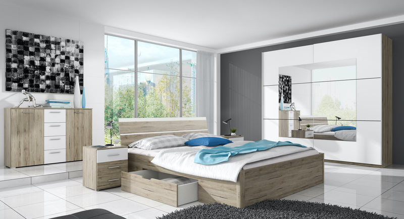 Tweepersoonsbed (180-200cm) - Bolacacia 1 - Licht eiken - Uitschuifbare lade