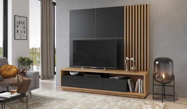 Tv-meubelset - Wandpaneel lamellen – Wandpaneel (4 vakken) – Neutraal eiken/Matzwart