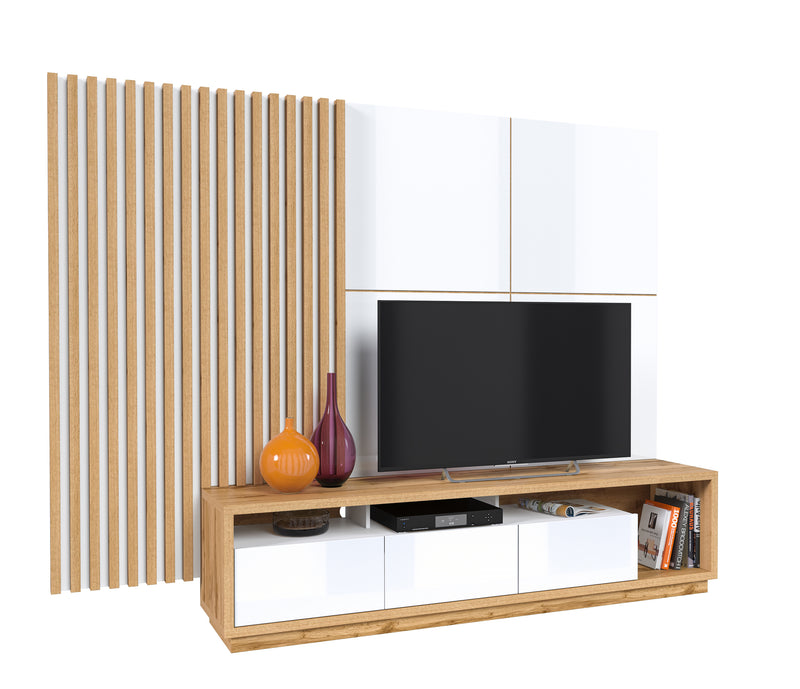 Tv-meubelset - Wandpaneel lamellen – Wandpaneel (4 vakken) – Neutraal eiken/Hoogglans wit