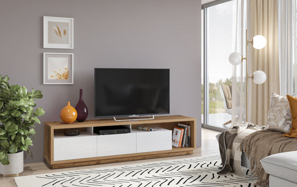 Tv-meubel -  Dion – Eiken (naturel)/Hoogglans wit – 200cm