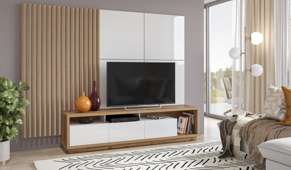 Tv-meubelset - Wandpaneel lamellen – Wandpaneel (4 vakken) – Neutraal eiken/Hoogglans wit