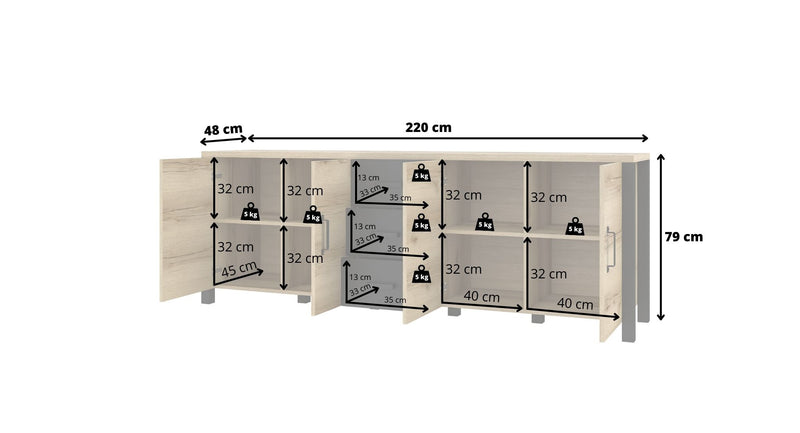 Dressoir - Babul - Type 3 - Licht eiken/Matzwart - 220cm