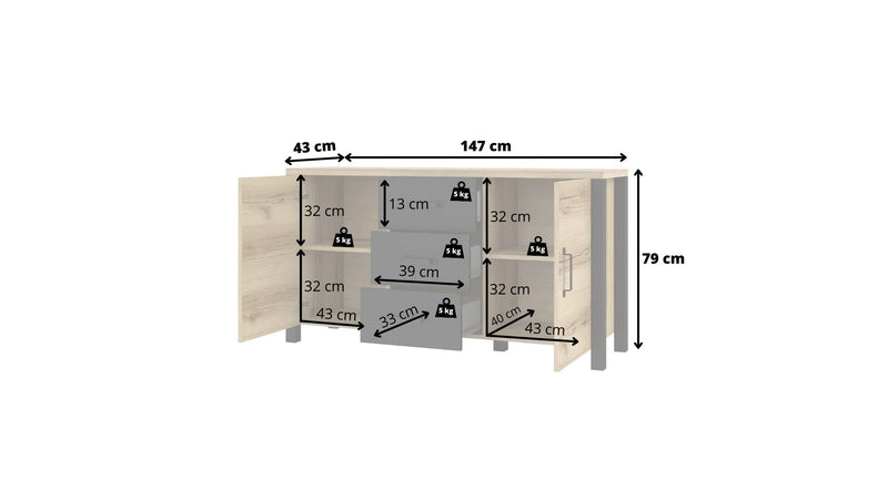 Dressoir - Babul - Type 1 - Licht eiken/Matzwart - 147cm