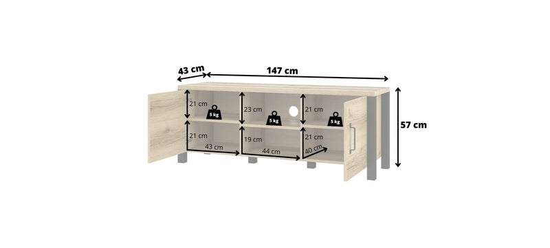 Tv-meubel - Babul - Licht eiken/Matzwart - 147cm