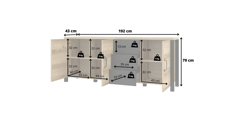 Dressoir - Babul - Type 2 - Licht eiken/Matzwart - 192