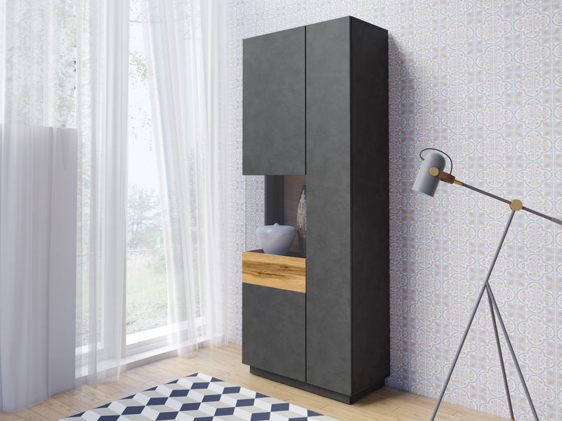 Vitrinekast - Flax - Type 1 - Matzwart/Licht eiken - 207cm