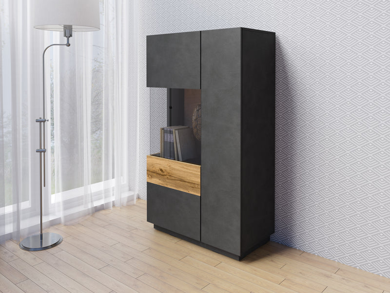 Vitrinekast - Flax - Type 2 - Matzwart/Licht eiken - 139cm