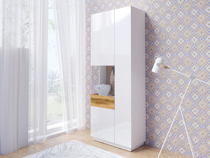 Vitrinekast - Flax - Type 1 - Hoogglans wit/Licht eiken - 207cm