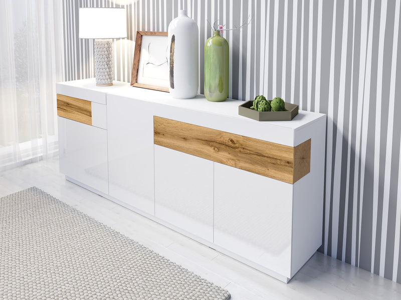 Dressoir - Flax - Type 1 - Hoogglans wit/Licht eiken - 219cm
