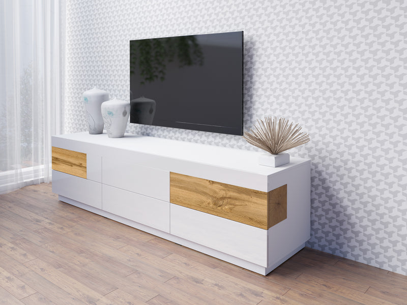 Tv-meubel - Flax - Type 1 - Hoogglans wit/Licht eiken - 206cm
