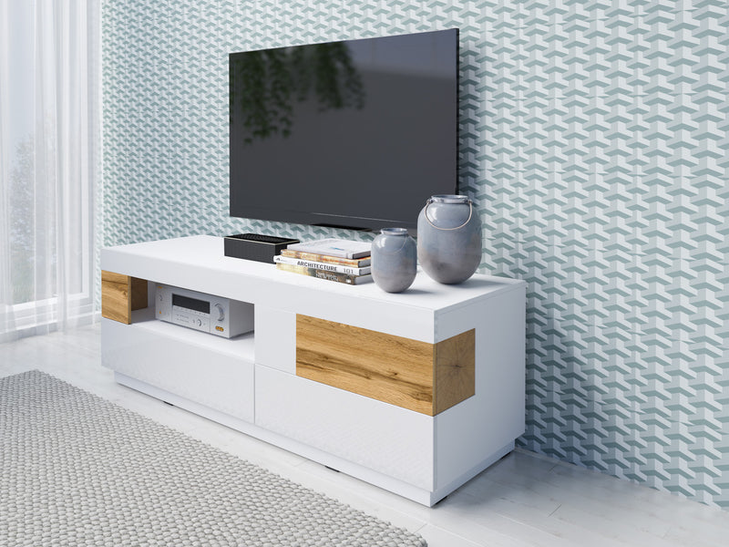 Tv-meubel - Flax - Type 2 - Hoogglans wit/Licht eiken - 160cm