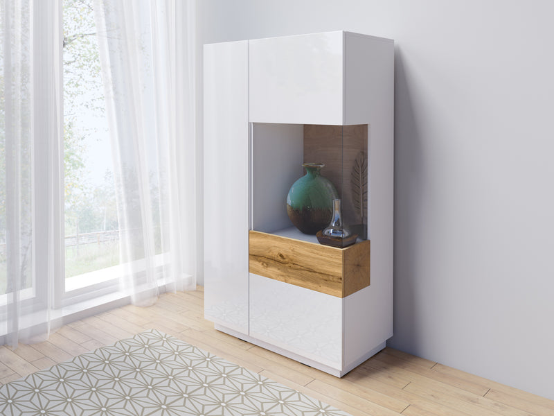Vitrinekast - Flax - Type 3 - Hoogglans wit/Licht eiken - 139cm