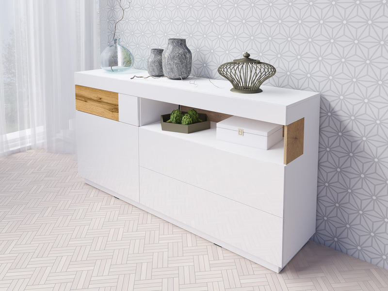 Dressoir - Flax -Type 3 - Hoogglans wit/Licht eiken - 130cm