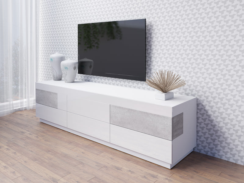 Tv-meubel - Flax - Type 1 - Hoogglans wit/Lichtgrijs (betonlook) - 206cm
